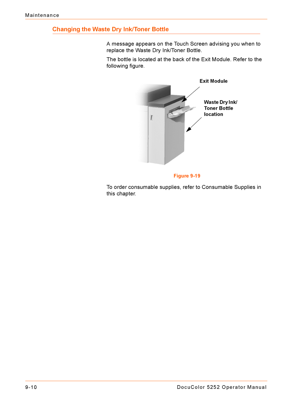 Xerox 5252 manual Changing the Waste Dry Ink/Toner Bottle 