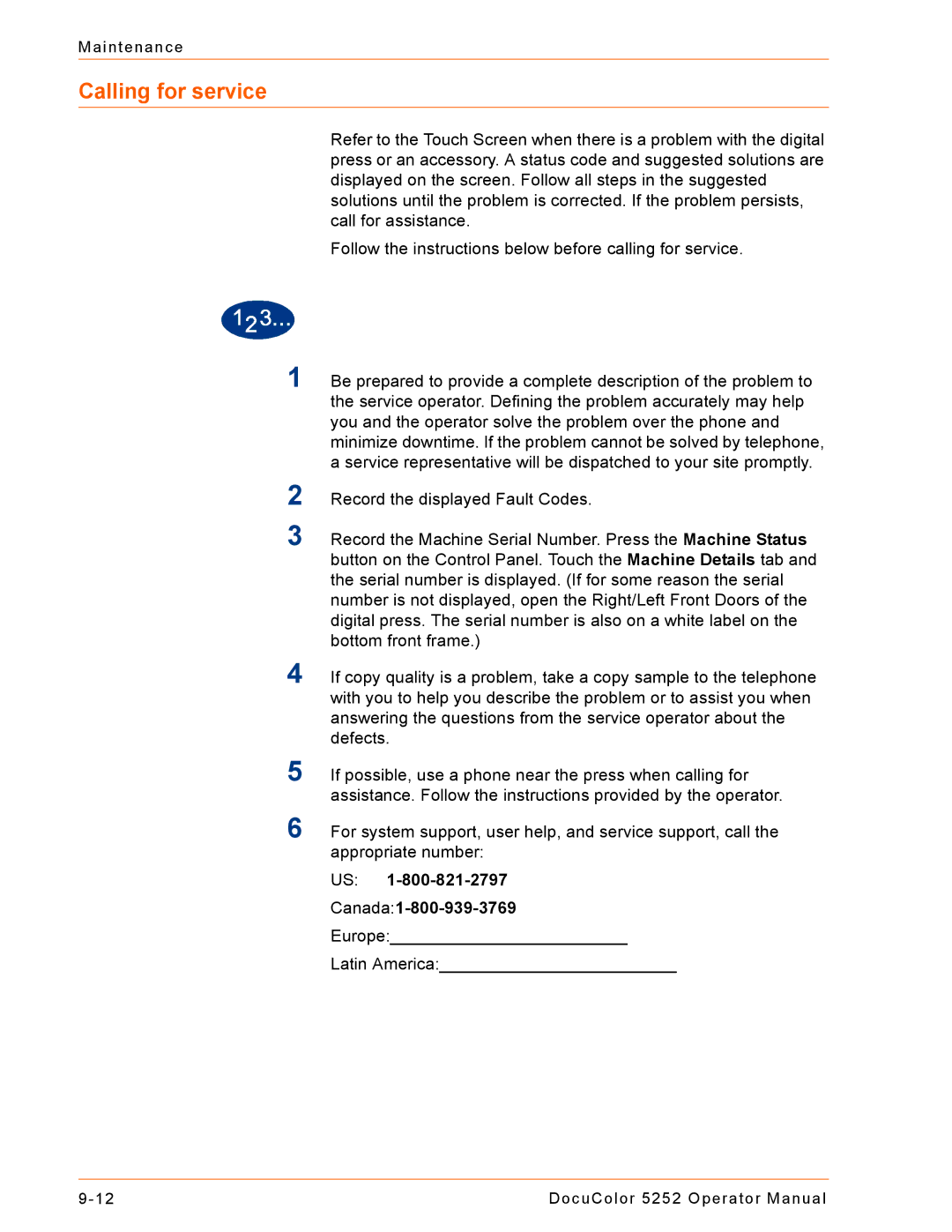 Xerox 5252 manual Calling for service 