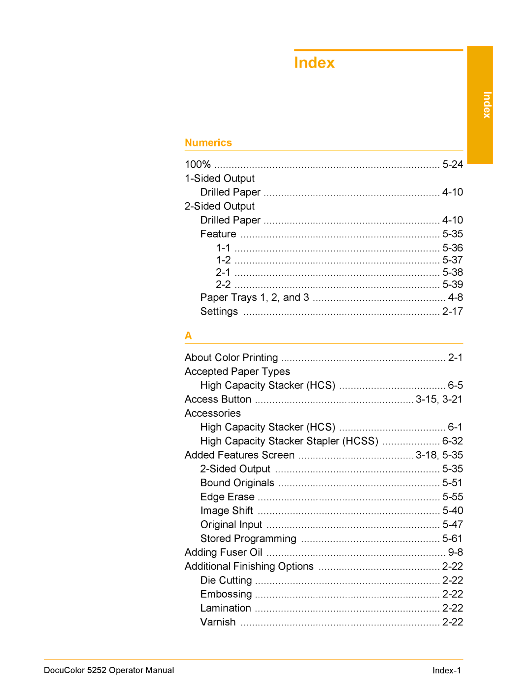 Xerox 5252 manual Index, Numerics 