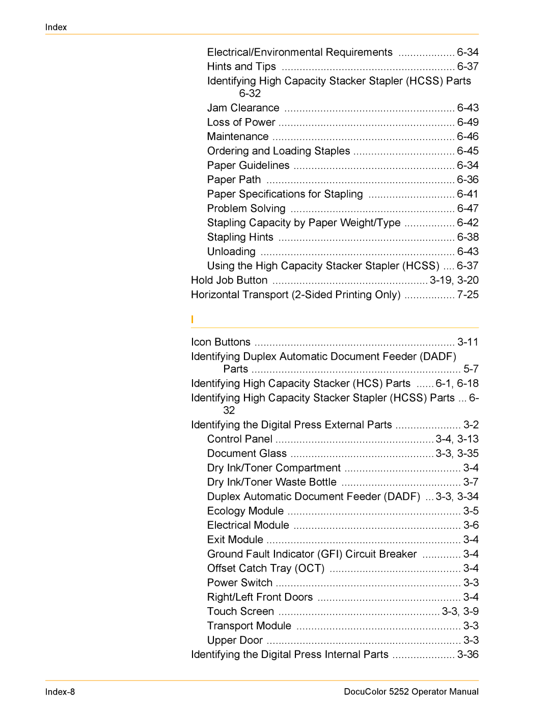 Xerox manual Index-8 DocuColor 5252 Operator Manual 