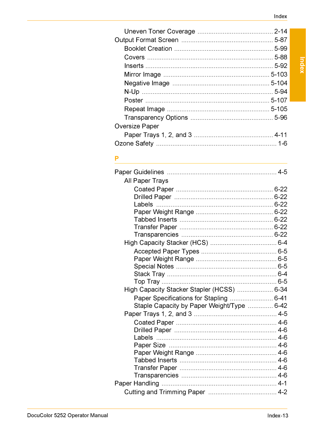 Xerox manual DocuColor 5252 Operator Manual Index-13 