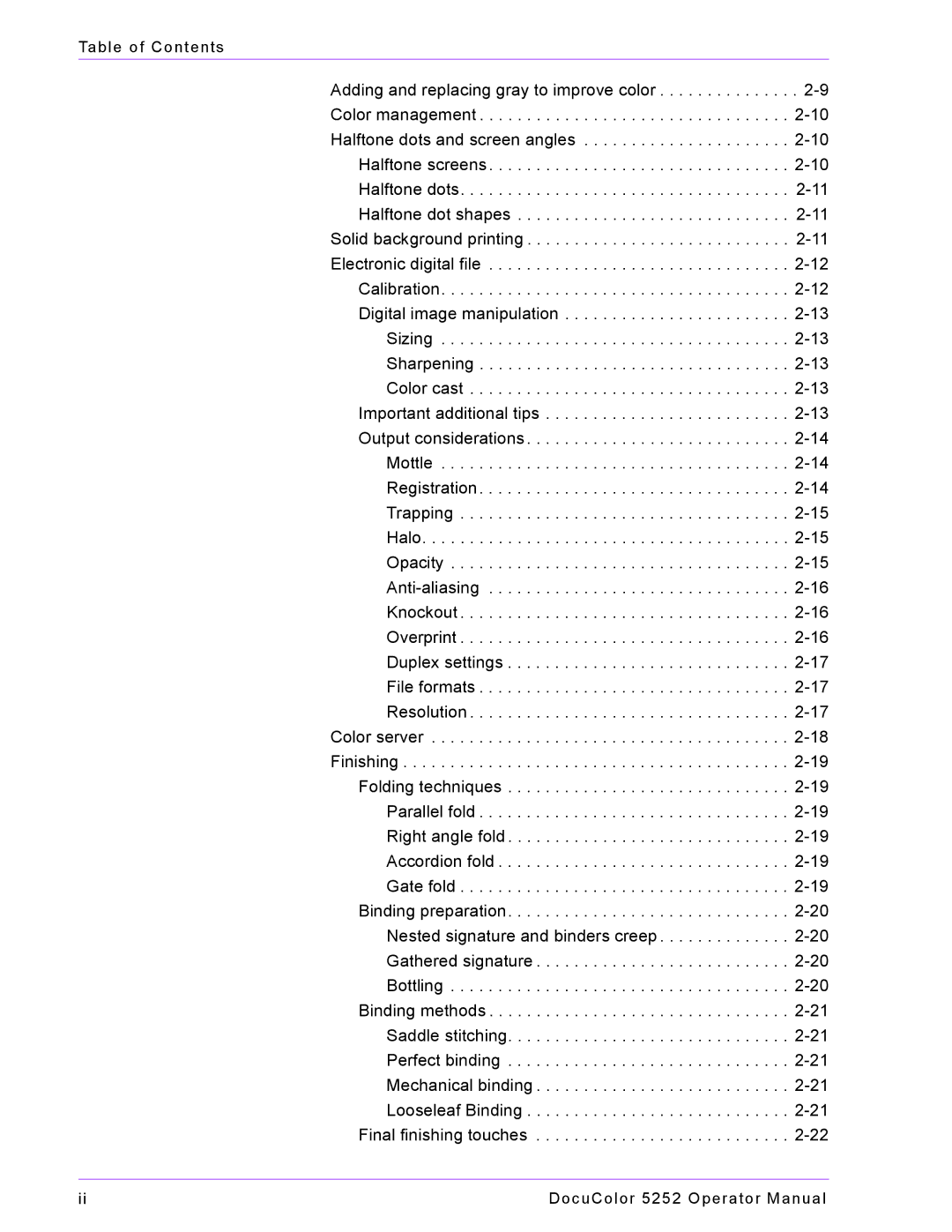 Xerox 5252 manual Table of Contents 