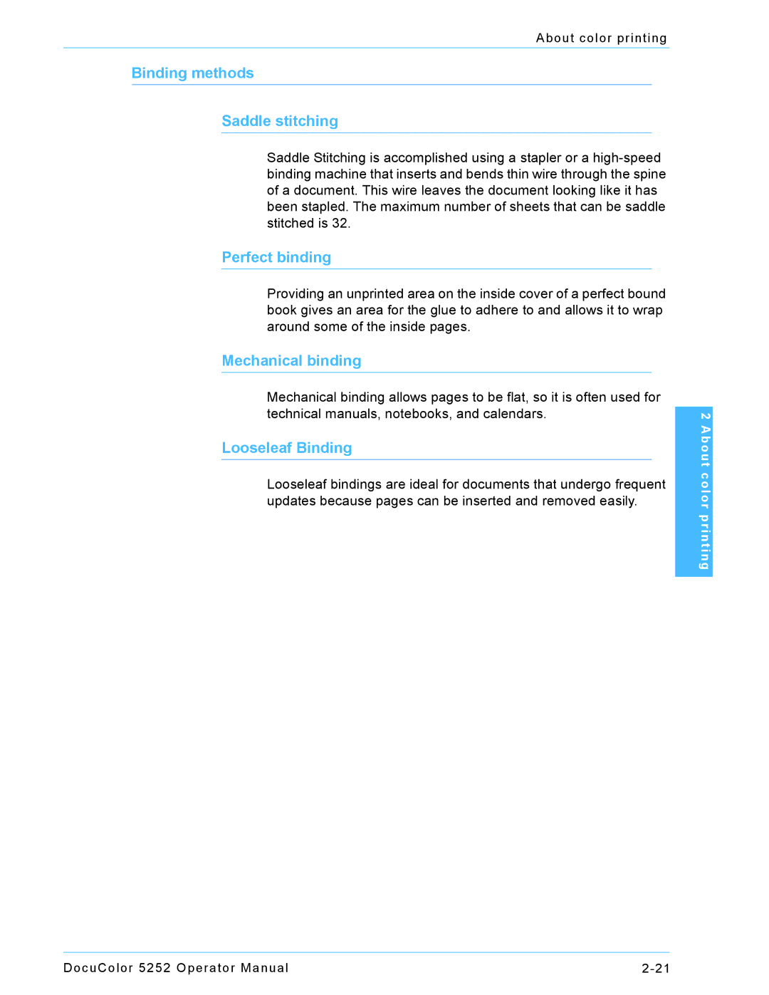 Xerox 5252 manual Binding methods Saddle stitching 