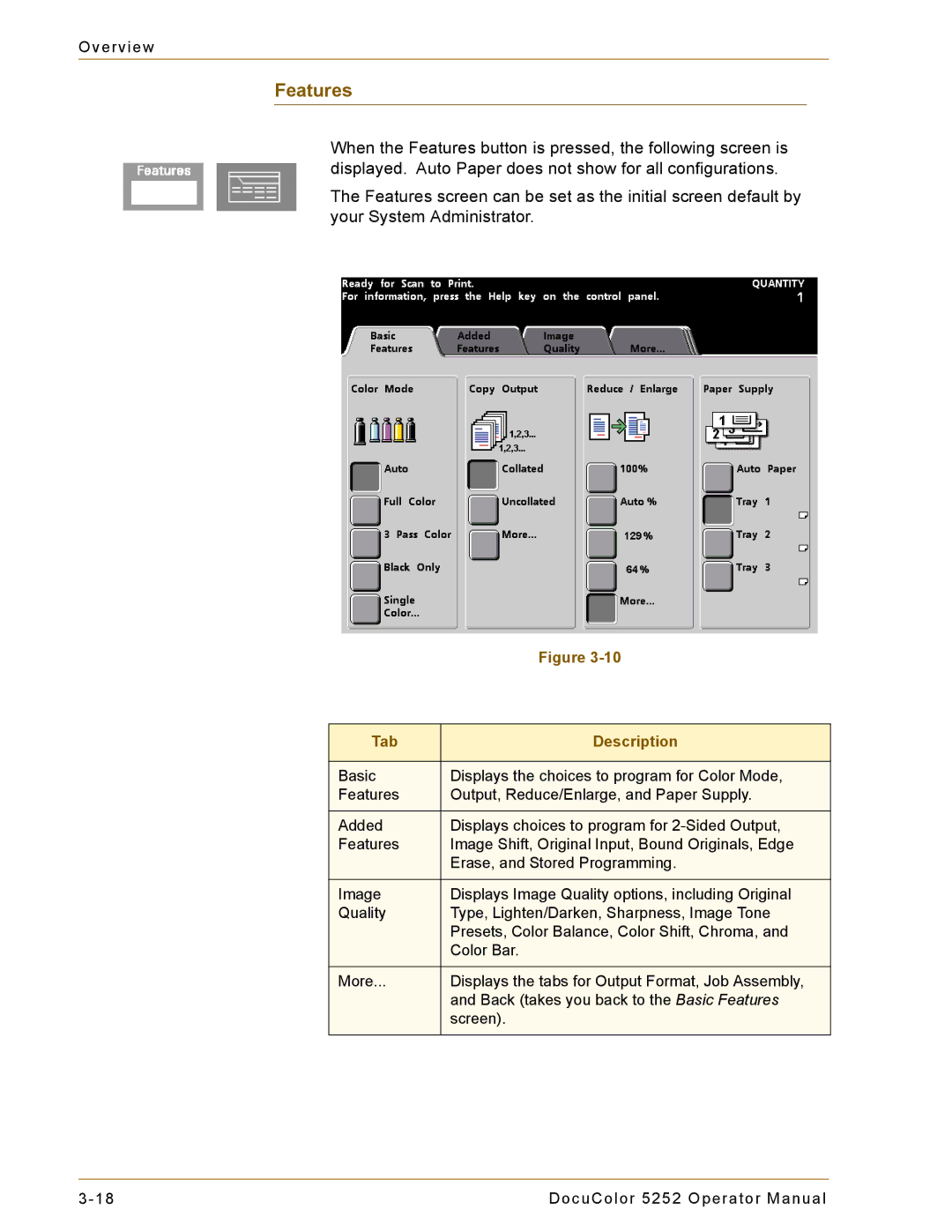 Xerox 5252 manual Features, Tab Description 