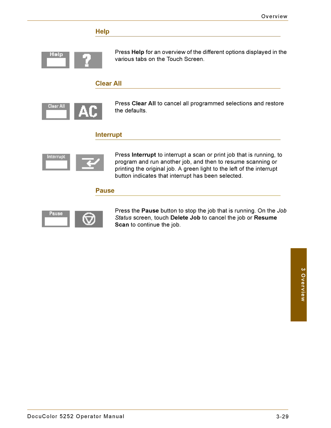 Xerox 5252 manual Help, Clear All, Interrupt, Pause 