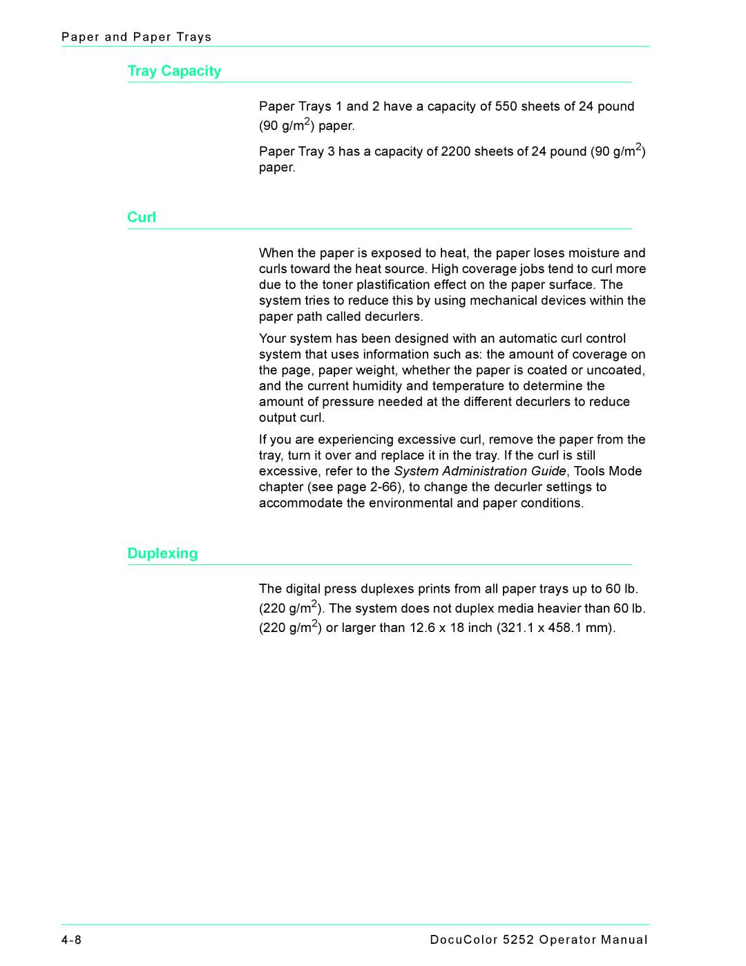 Xerox 5252 manual Tray Capacity 