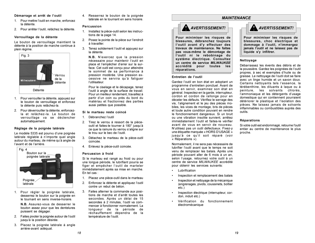 Xerox 5335 manual Démarrage et arrêt de l’outil, Verrouillage de la détente, Réglage de la poignée latérale, Percussion 