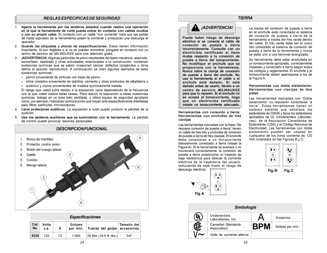 Xerox 5335 manual Reglas Especificas DE Seguridad Tierra, Descripcionfuncional, Especificaciones, Simbología 