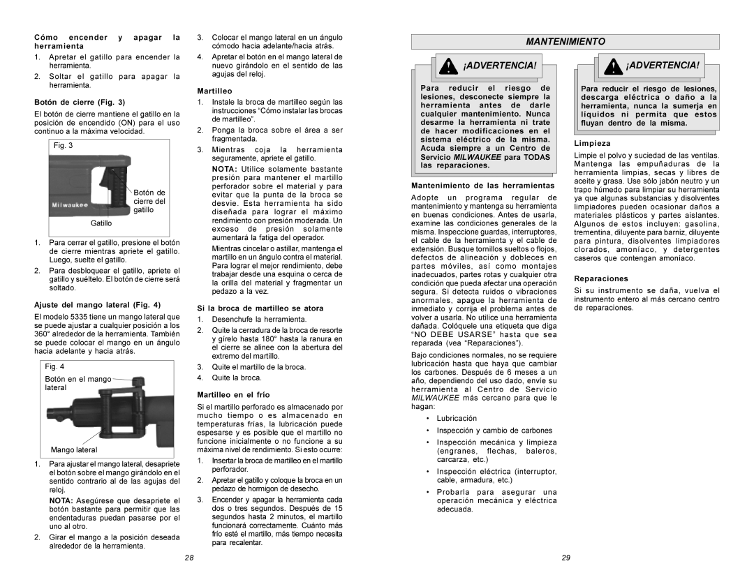 Xerox 5335 manual Cómo encender y apagar la herramienta, Botón de cierre Fig, Ajuste del mango lateral Fig, Martilleo 