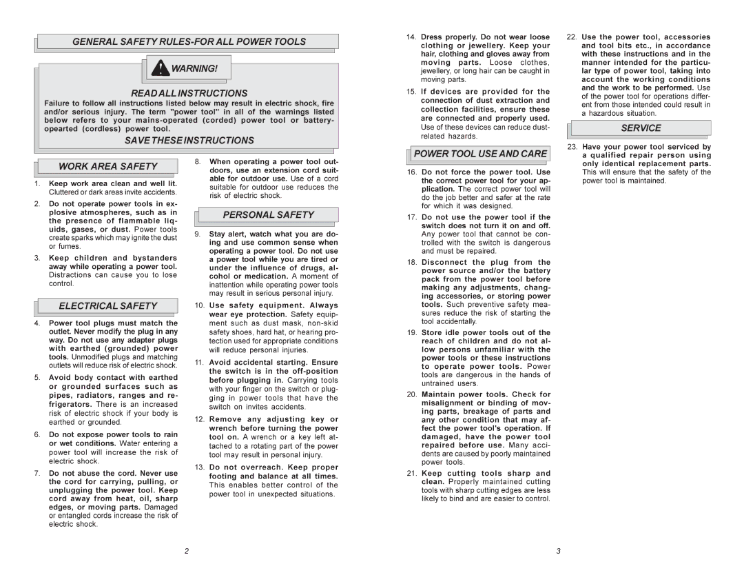 Xerox 5335 manual Service, Work Area Safety, Personal Safety, Power Tool USE and Care, Electrical Safety 