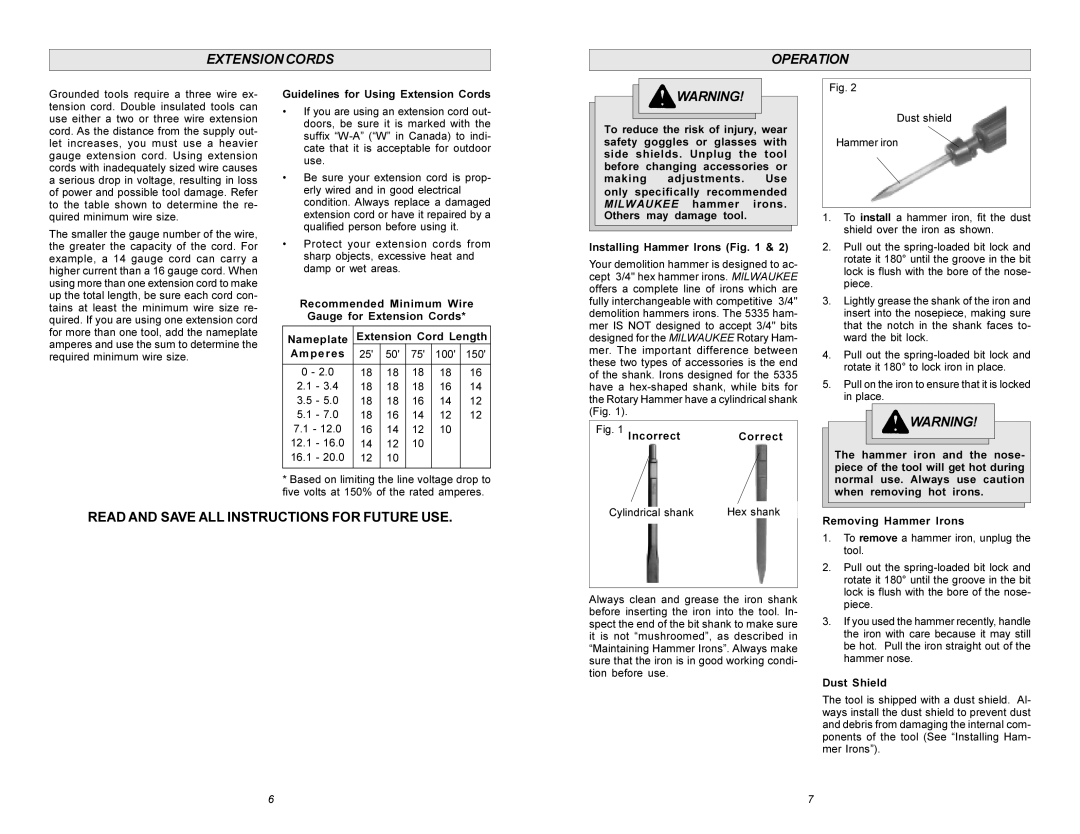 Xerox 5335 Extension Cords Operation, Guidelines for Using Extension Cords, Installing Hammer Irons, Removing Hammer Irons 