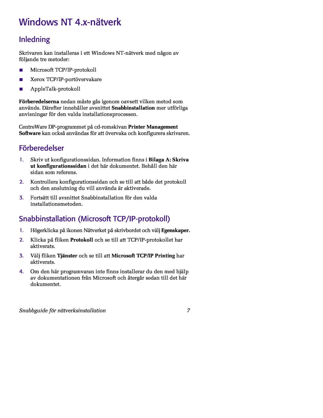 Xerox 5400 manual Windows NT 4.x-nätverk, Inledning, Förberedelser, Snabbinstallation Microsoft TCP/IP-protokoll 