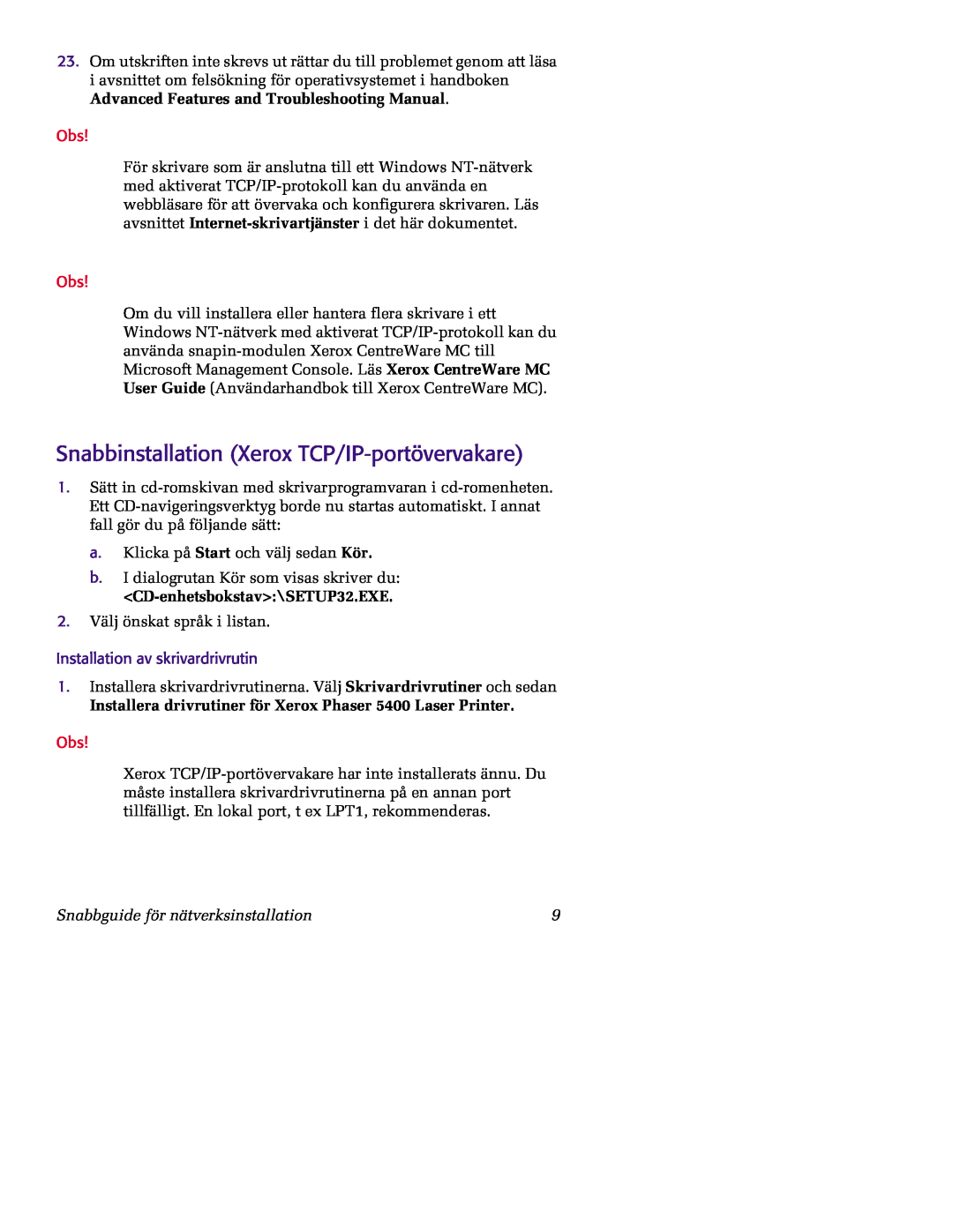 Xerox 5400 manual Snabbinstallation Xerox TCP/IP-portövervakare, Installation av skrivardrivrutin 