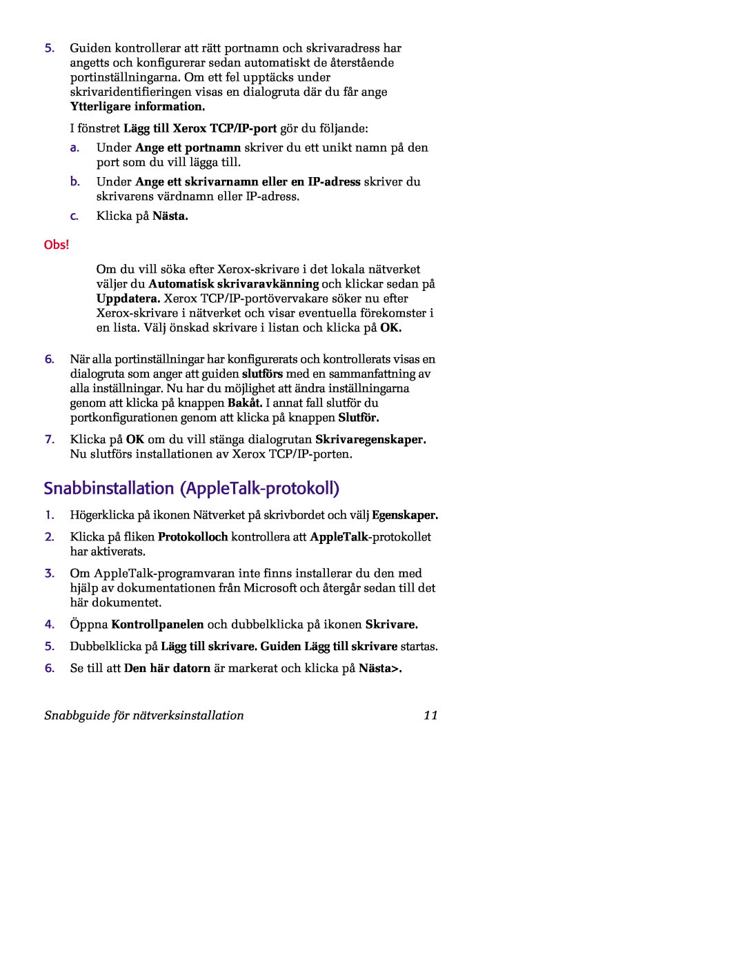 Xerox 5400 manual Snabbinstallation AppleTalk-protokoll, Snabbguide för nätverksinstallation 