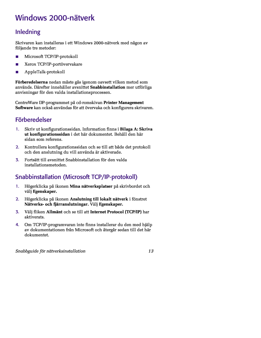 Xerox 5400 manual Windows 2000-nätverk, Inledning, Förberedelser, Snabbinstallation Microsoft TCP/IP-protokoll 