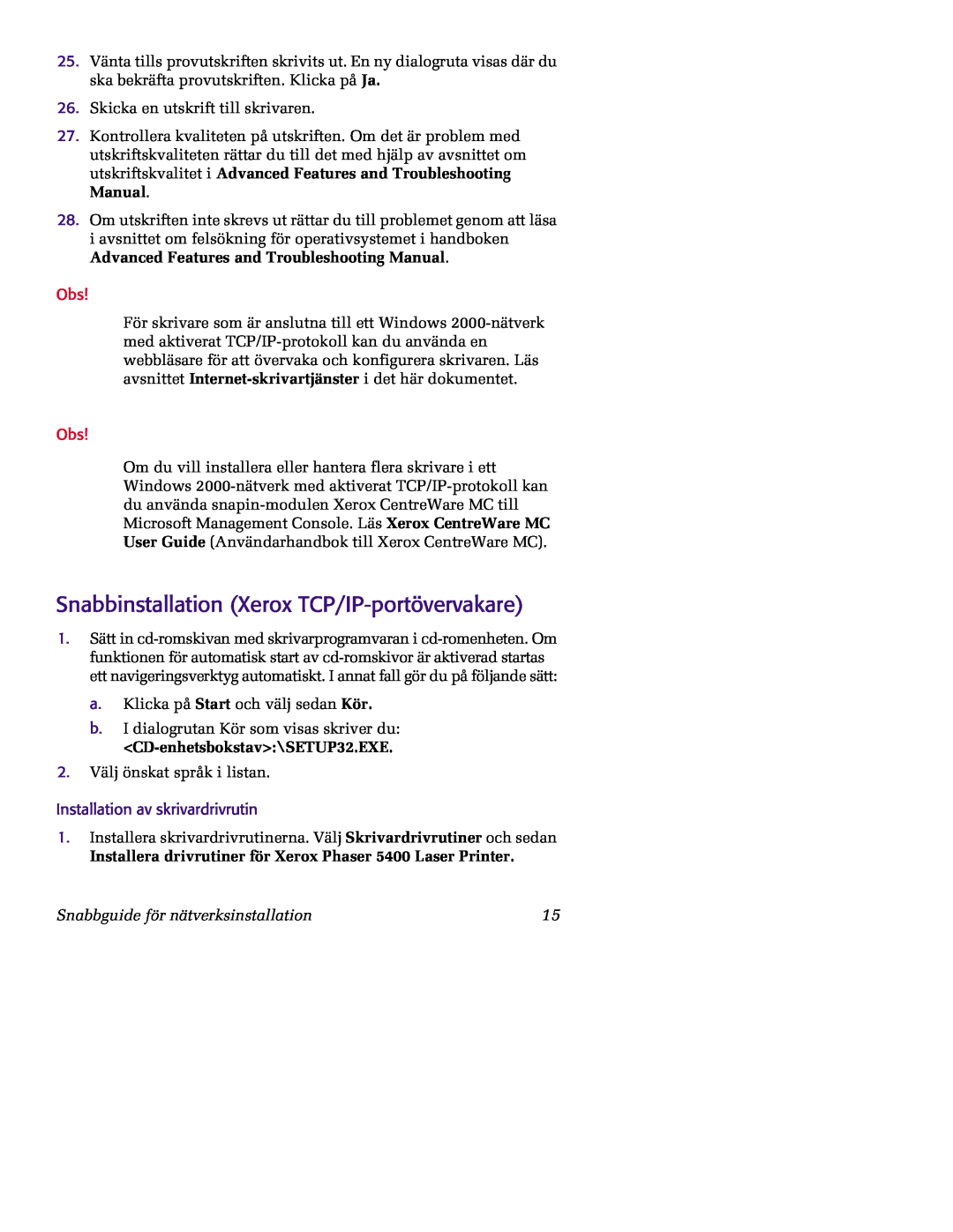 Xerox 5400 manual Snabbinstallation Xerox TCP/IP-portövervakare, Skicka en utskrift till skrivaren 