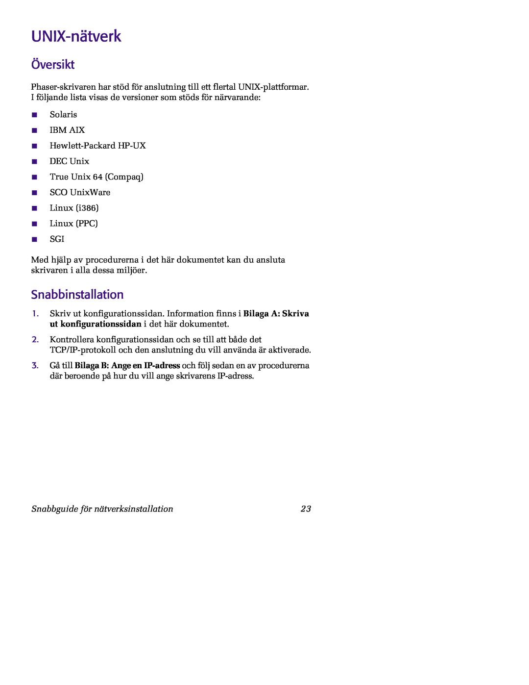 Xerox 5400 manual UNIX-nätverk, Översikt, Snabbinstallation, Snabbguide för nätverksinstallation 