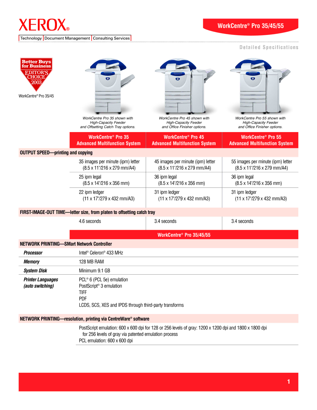 Xerox 45, 55, 35 specifications Processor, Memory, System Disk, Printer Languages, Auto switching 