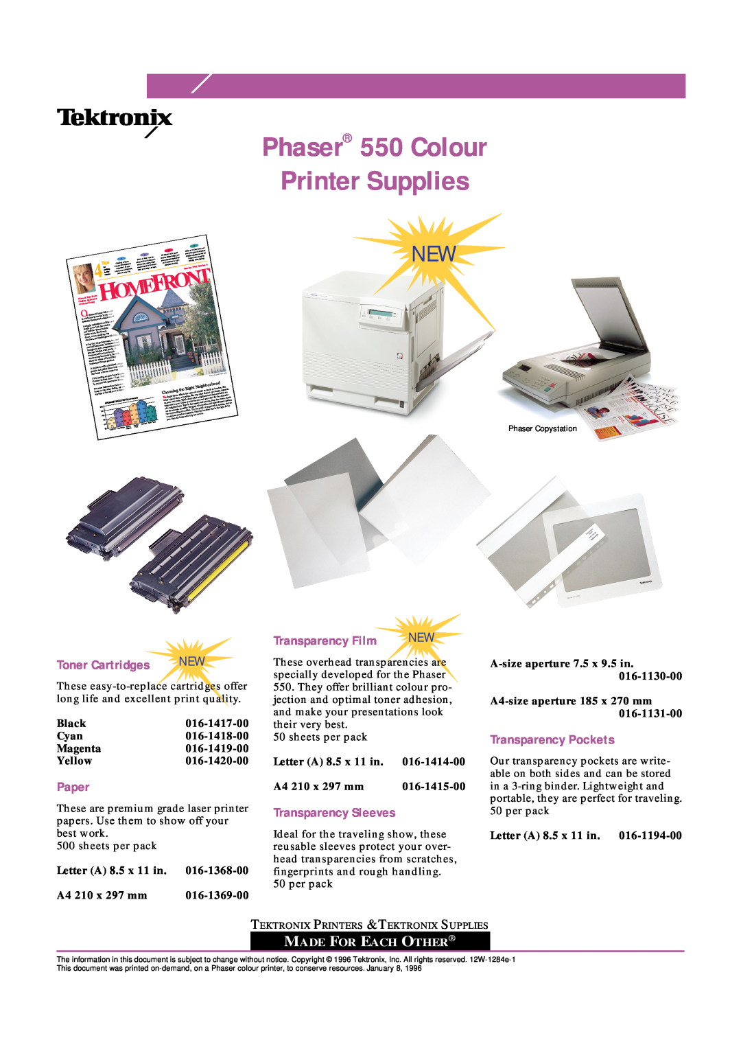 Xerox 016-1368-00 manual Phaser 550 Colour Printer Supplies, Ront, Toner Cartridges NEW, Paper, Transparency Film 