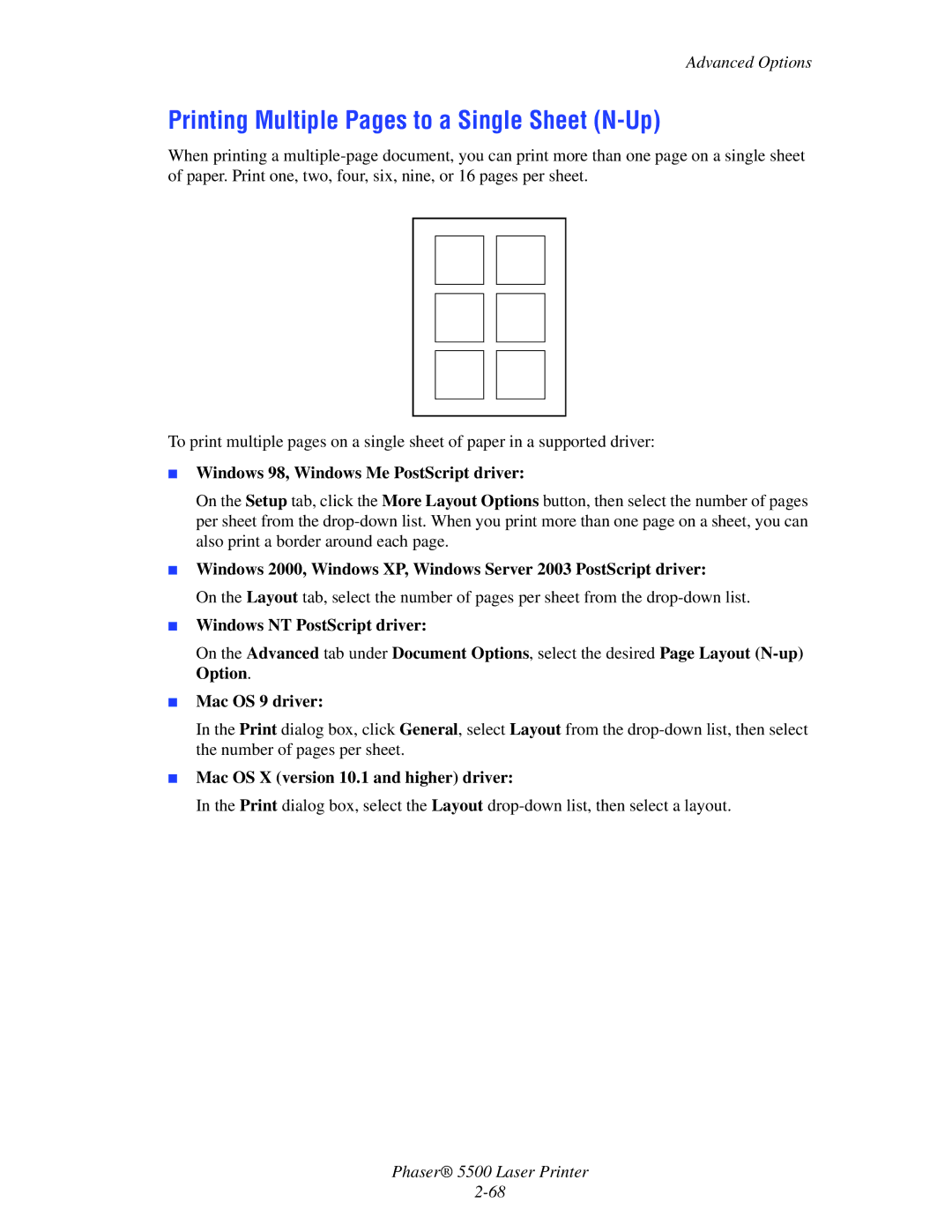 Xerox 5500 manual Printing Multiple Pages to a Single Sheet N-Up, Advanced Options, Windows NT PostScript driver 