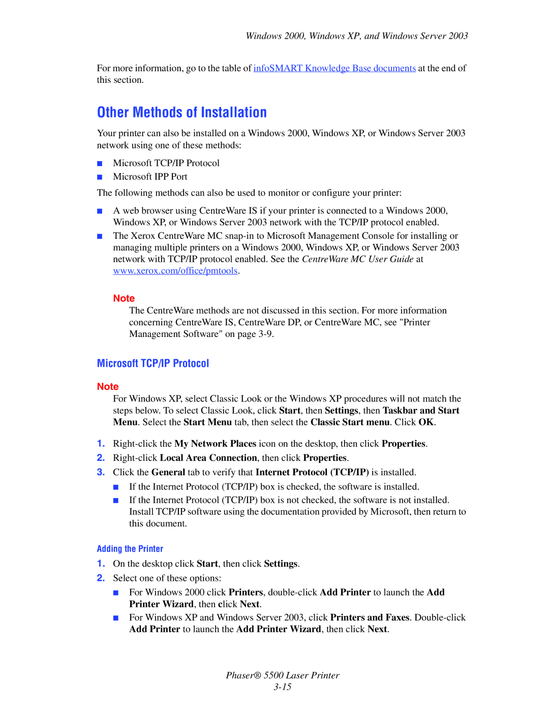 Xerox 5500 manual Other Methods of Installation, Microsoft TCP/IP Protocol, Windows 2000, Windows XP, and Windows Server 