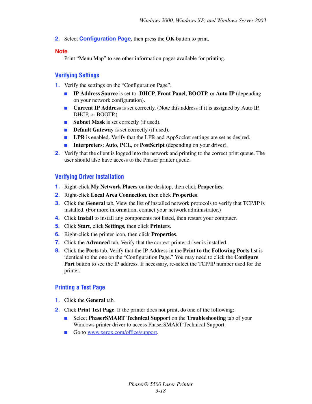 Xerox 5500 manual Verifying Settings, Verifying Driver Installation, Printing a Test 