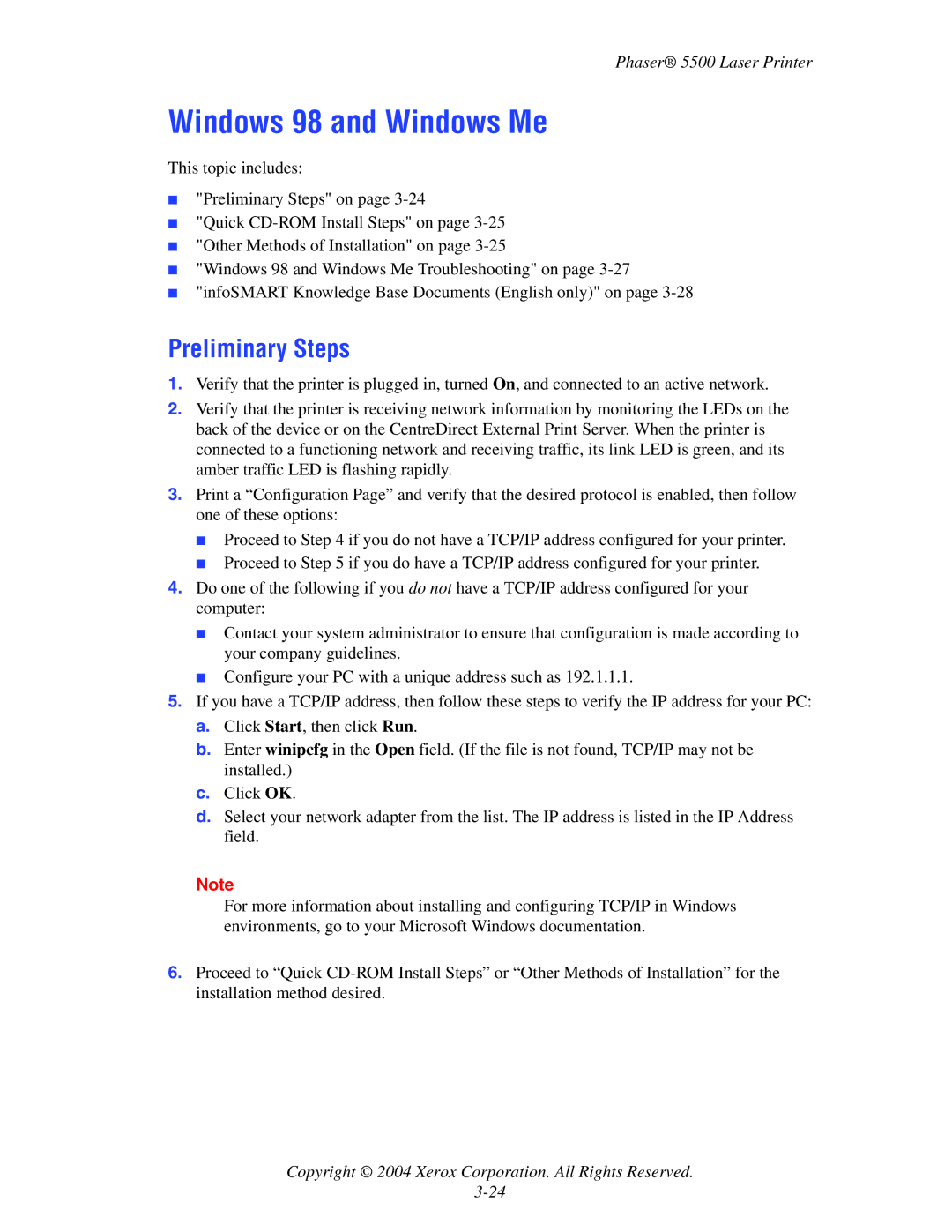 Xerox 5500 manual Windows 98 and Windows Me, Preliminary Steps 