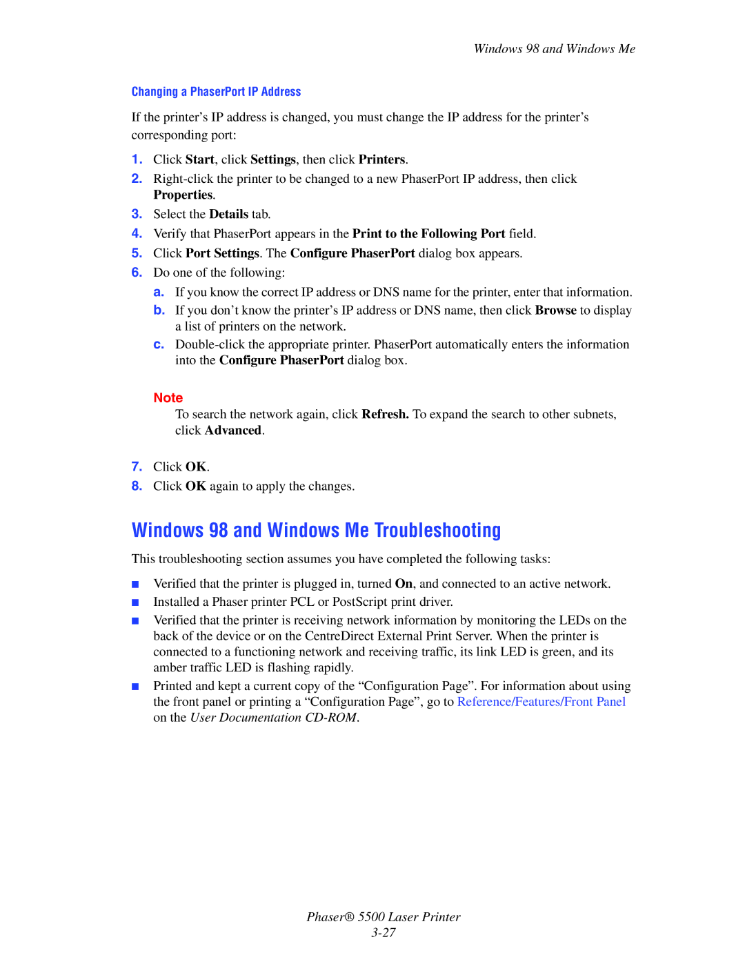 Xerox 5500 manual Windows 98 and Windows Me Troubleshooting 