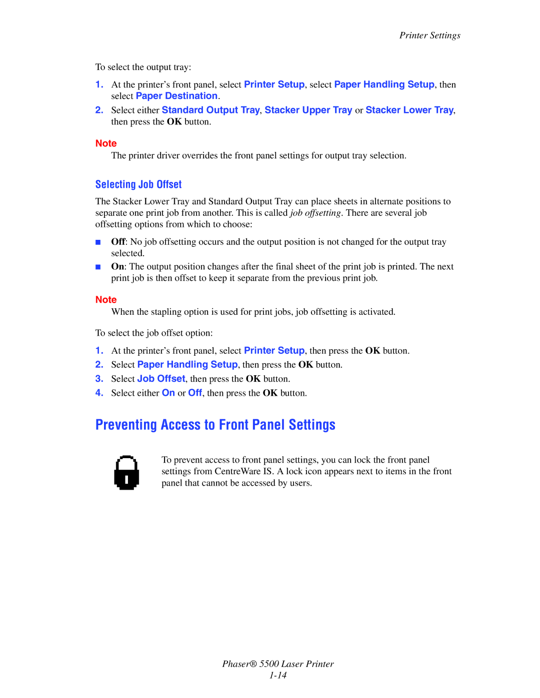 Xerox 5500 manual Preventing Access to Front Panel Settings, Selecting Job Offset, Printer Settings 