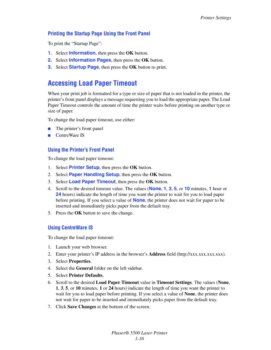 Xerox 5500 manual Accessing Load Paper Timeout, Printing the Startup Page Using the Front Panel 