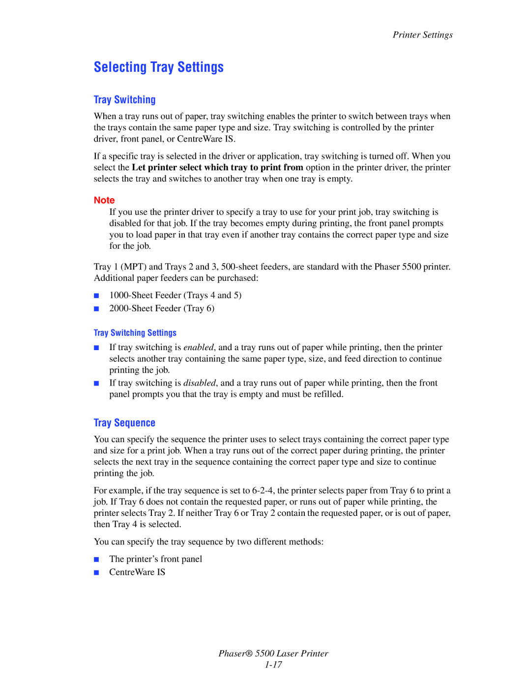 Xerox 5500 manual Selecting Tray Settings, Tray Switching, Tray Sequence 