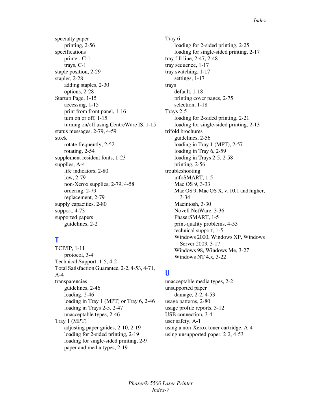 Xerox manual Phaser 5500 Laser Printer Index-7 