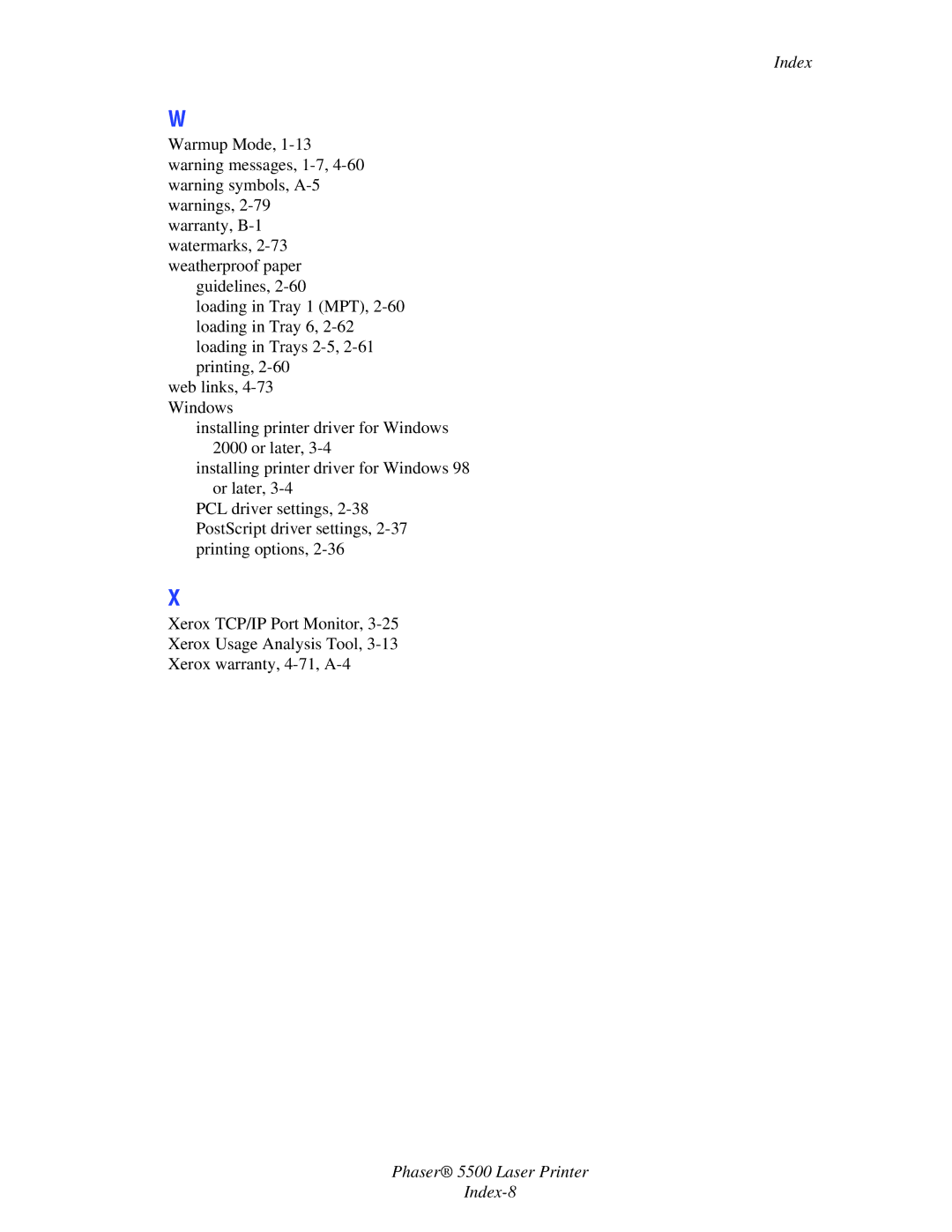 Xerox manual Phaser 5500 Laser Printer Index-8 