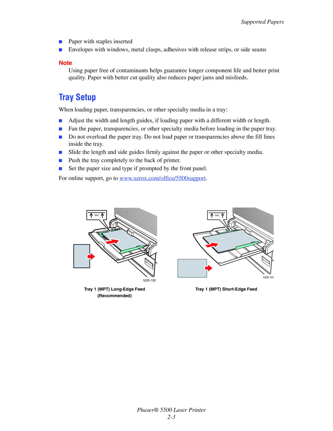 Xerox 5500 manual Tray Setup, Supported Papers 