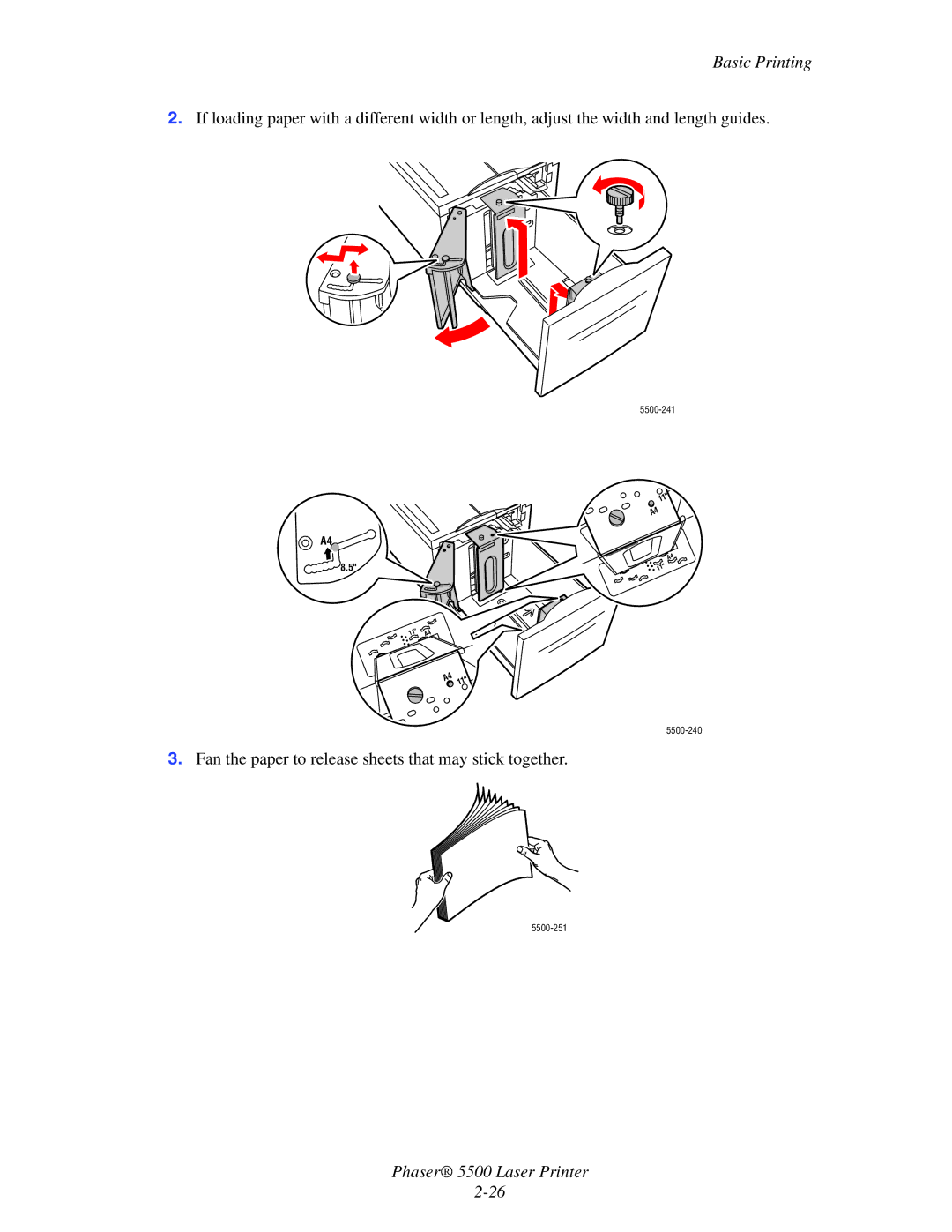 Xerox 5500 manual Fan the paper to release sheets that may stick together 