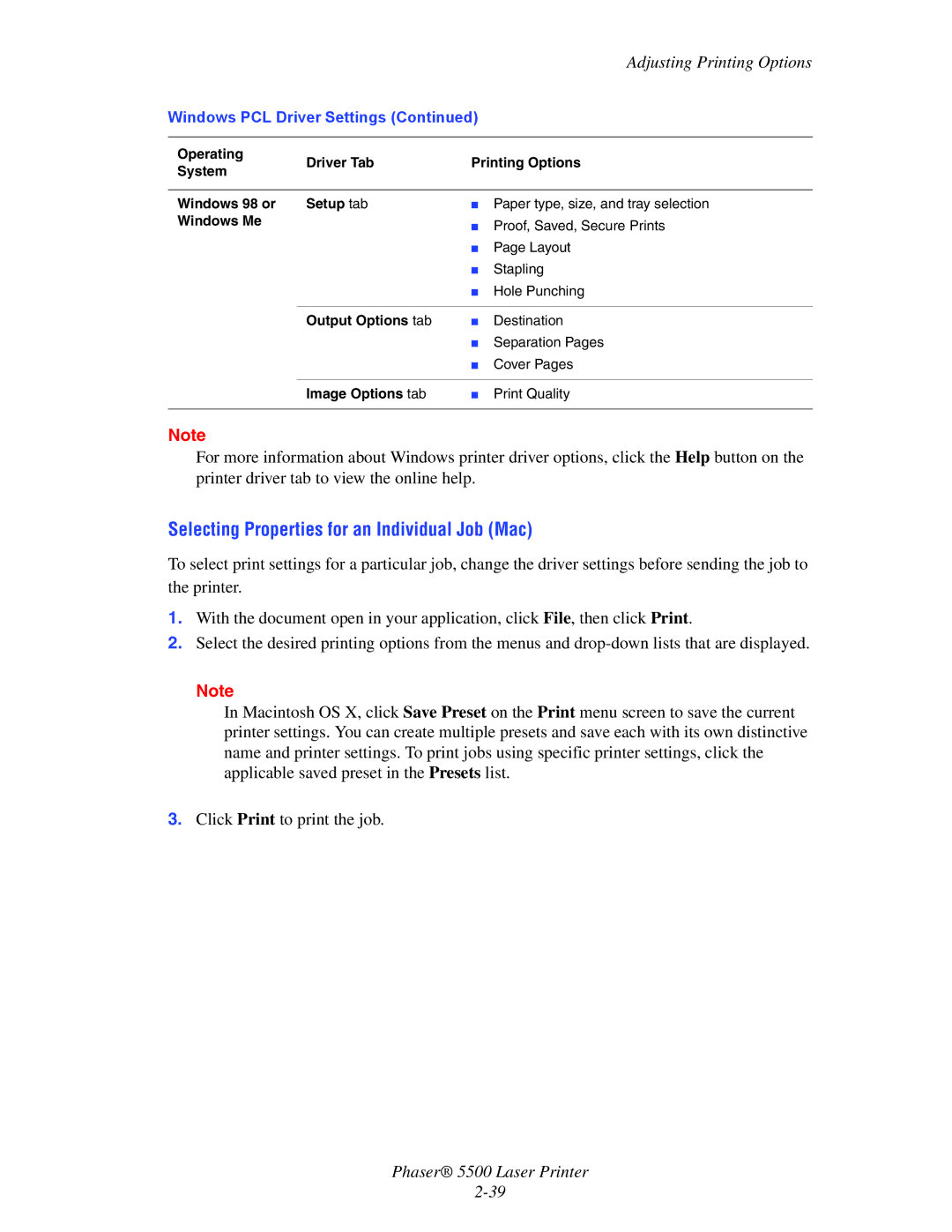 Xerox 5500 manual Selecting Properties for an Individual Job Mac, Image Options tab 