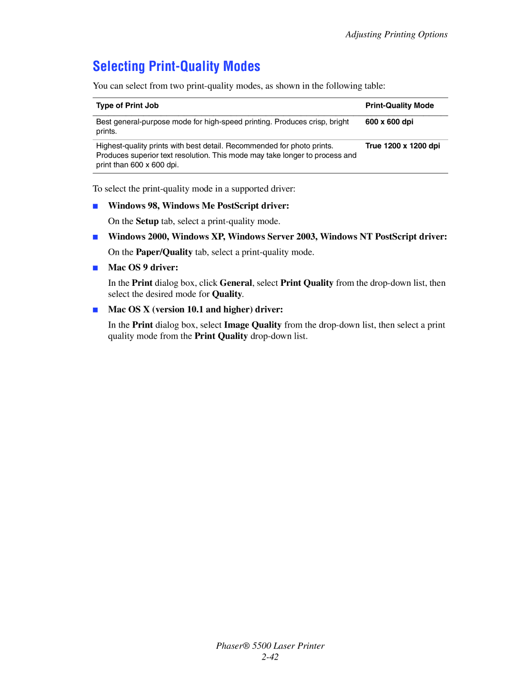 Xerox 5500 Selecting Print-Quality Modes, Windows 98, Windows Me PostScript driver, Type of Print Job Print-Quality Mode 