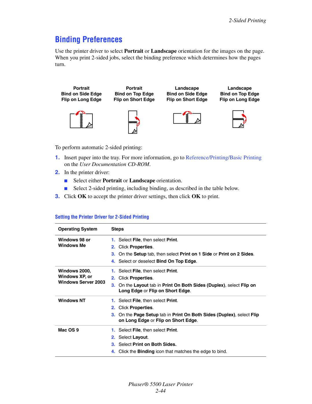 Xerox 5500 manual Binding Preferences, Sided Printing 