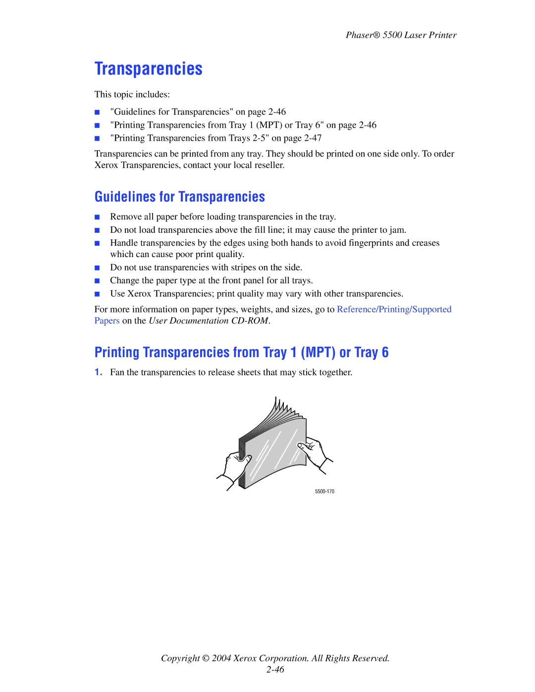 Xerox 5500 manual Guidelines for Transparencies, Printing Transparencies from Tray 1 MPT or Tray 