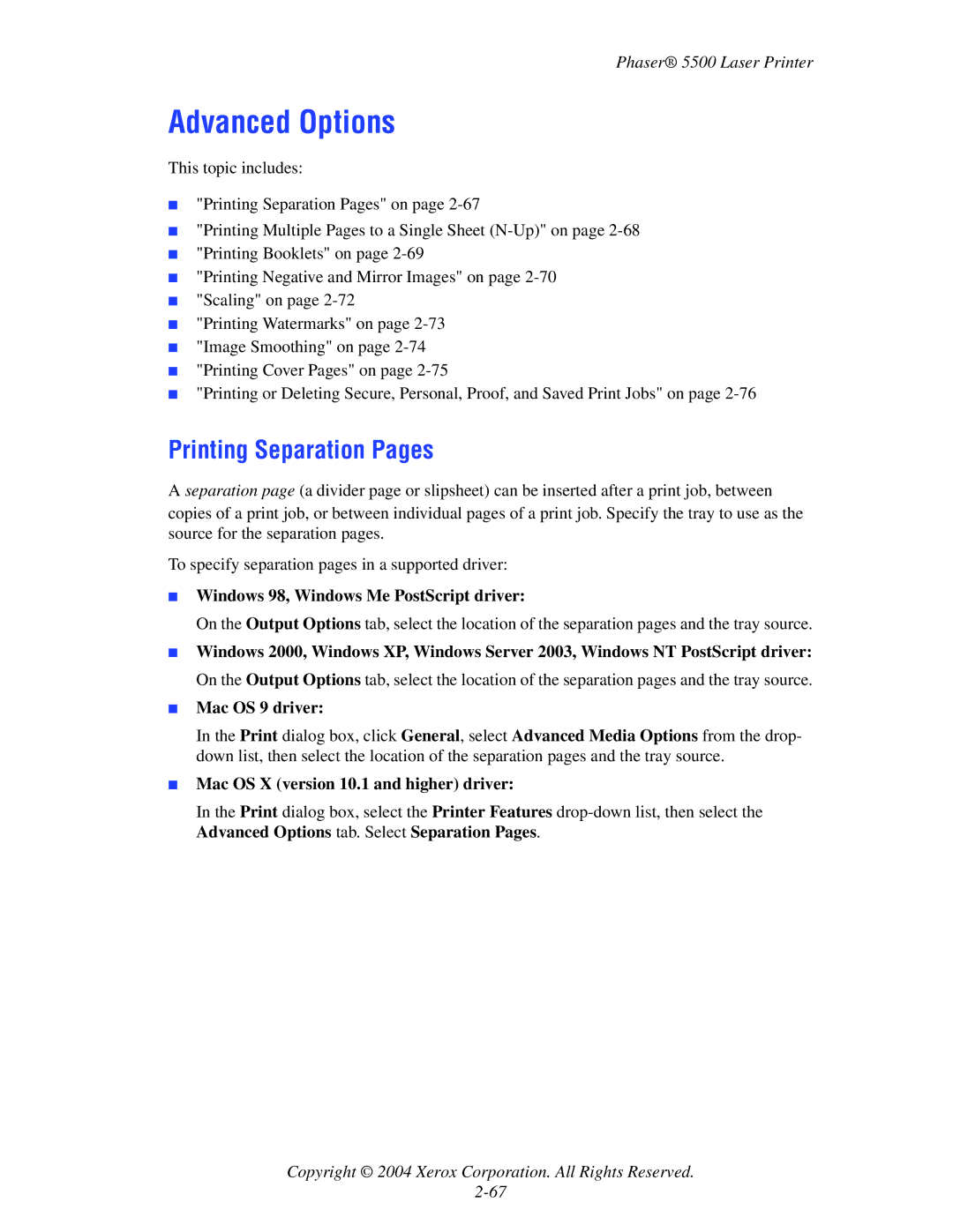 Xerox 5500 manual Advanced Options, Printing Separation Pages 