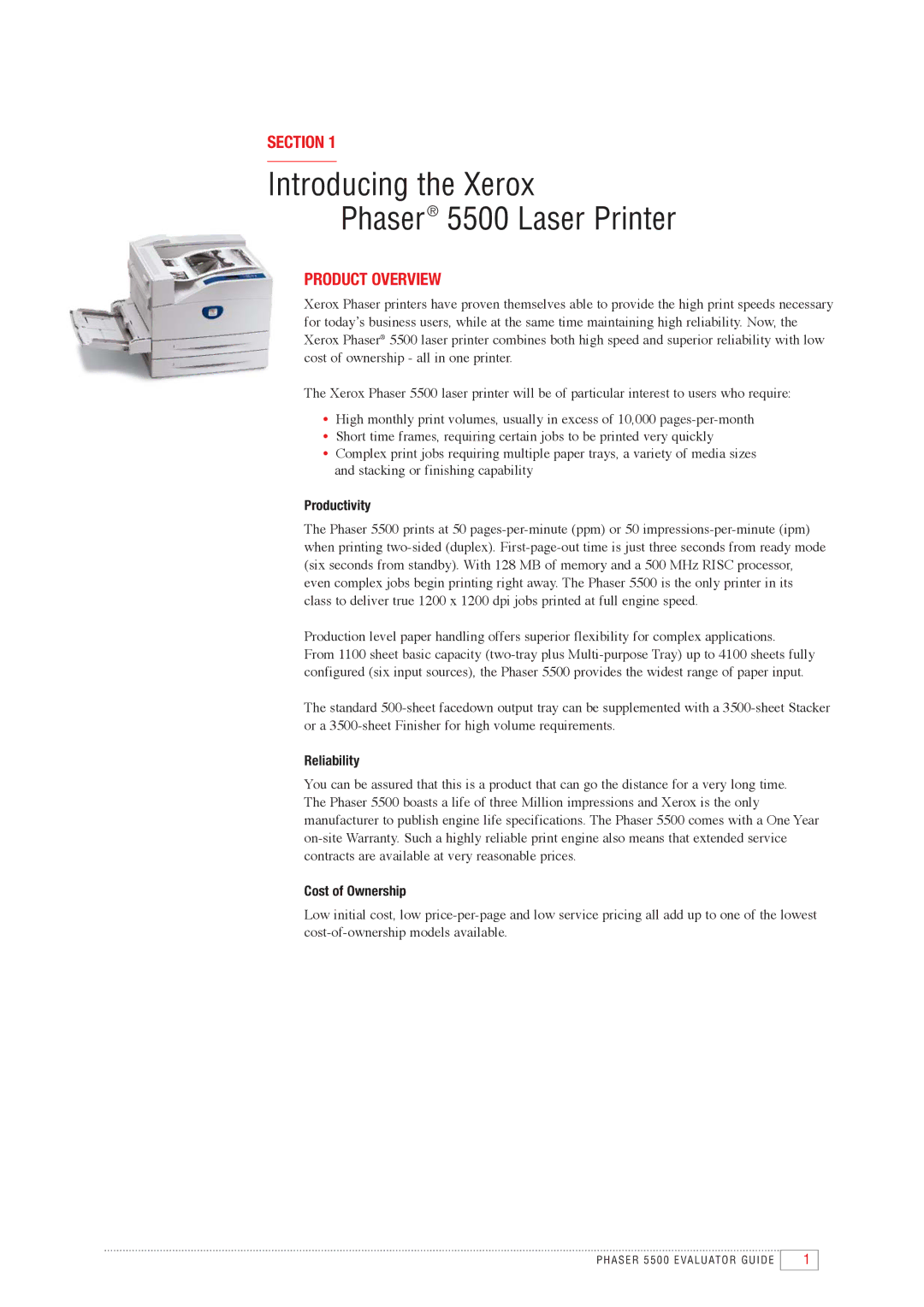 Xerox manual Introducing the Xerox Phaser 5500 Laser Printer, Section, Product Overview 