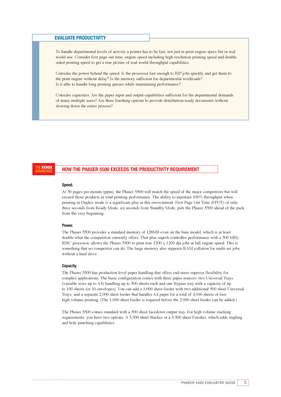 Xerox manual Evaluate Productivity, HOW the Phaser 5500 Exceeds the Productivity Requirement, Speed, Power, Capacity 