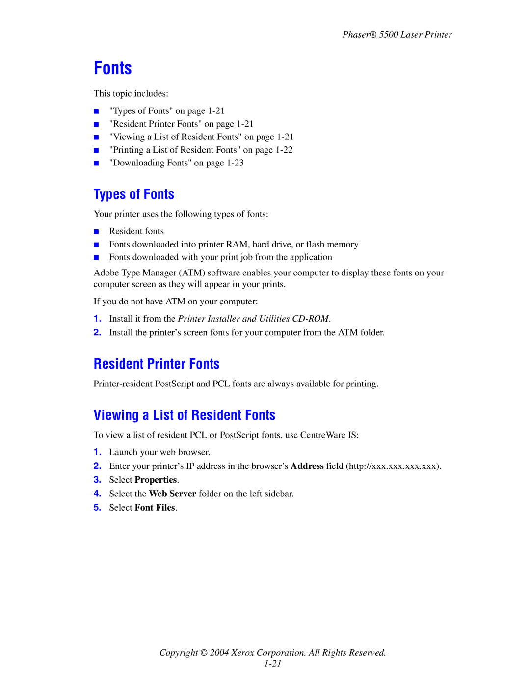 Xerox 5500 manual Types of Fonts, Resident Printer Fonts, Viewing a List of Resident Fonts 