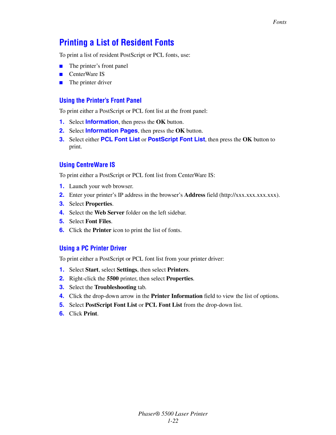 Xerox 5500 manual Printing a List of Resident Fonts, Using the Printer’s Front Panel, Using CentreWare is 