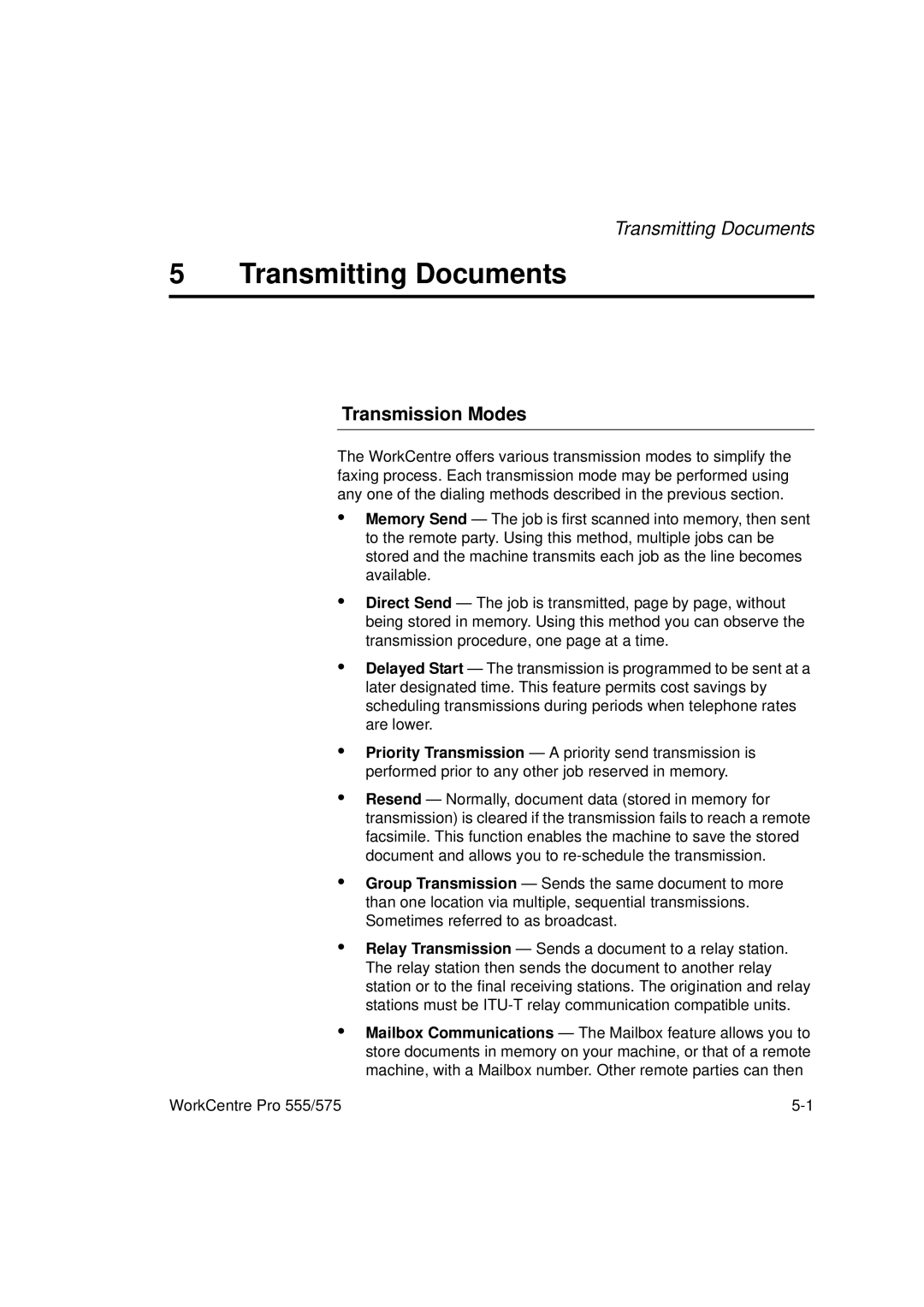 Xerox 575, 555 manual Transmitting Documents, Transmission Modes 