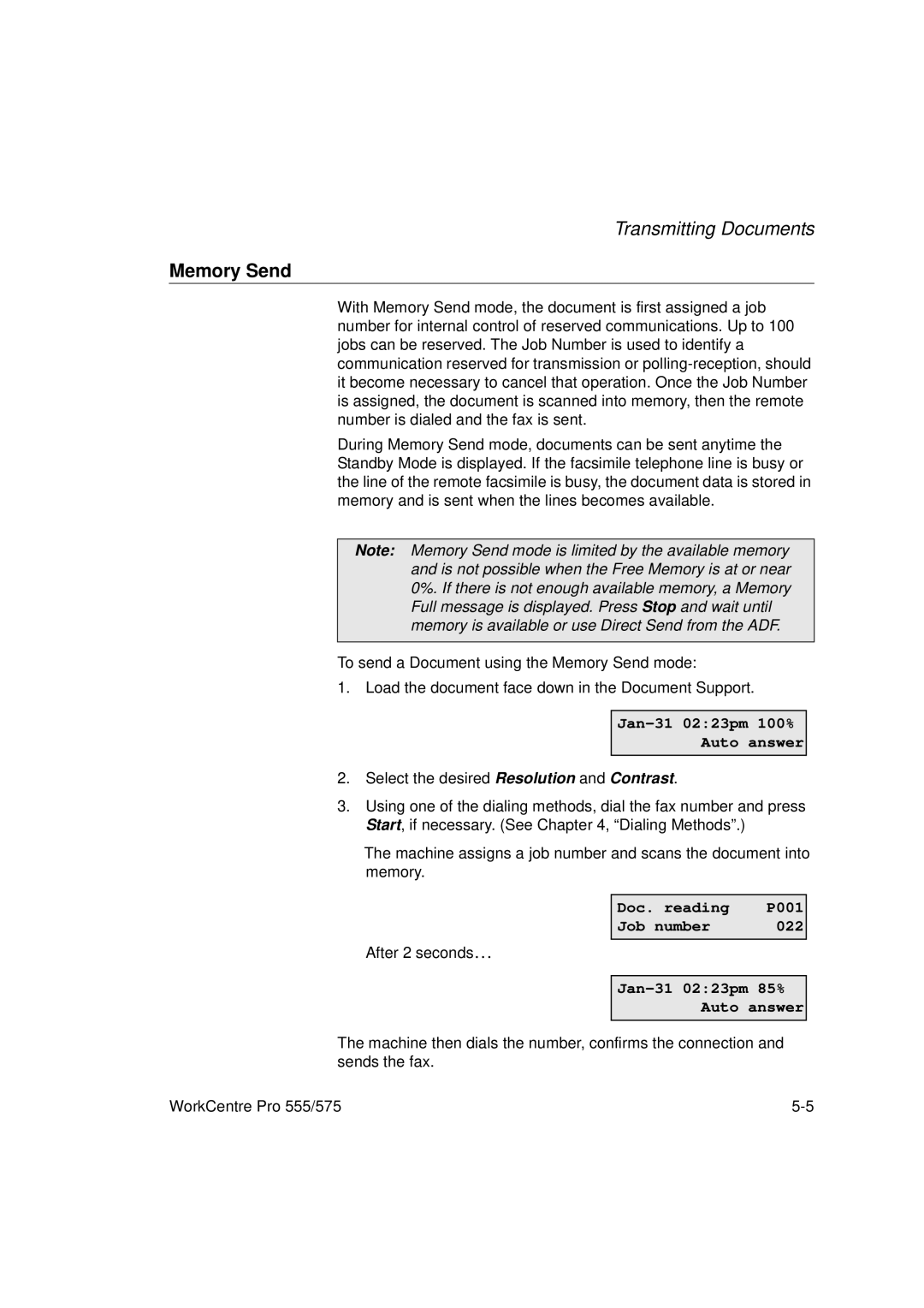 Xerox 575, 555 manual Memory Send, Jan-31 0223pm 100% Auto answer 