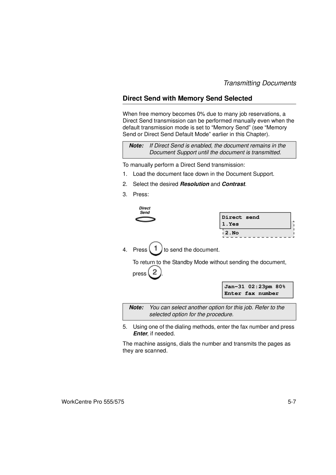 Xerox 575, 555 manual Direct Send with Memory Send Selected, Direct send Yes, Jan-31 0223pm 80% Enter fax number 