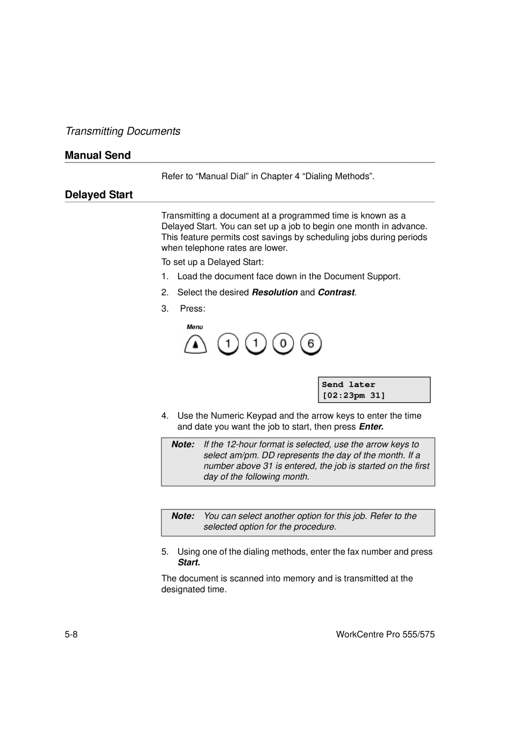 Xerox 555, 575 manual Manual Send, Delayed Start, Send later 0223pm 