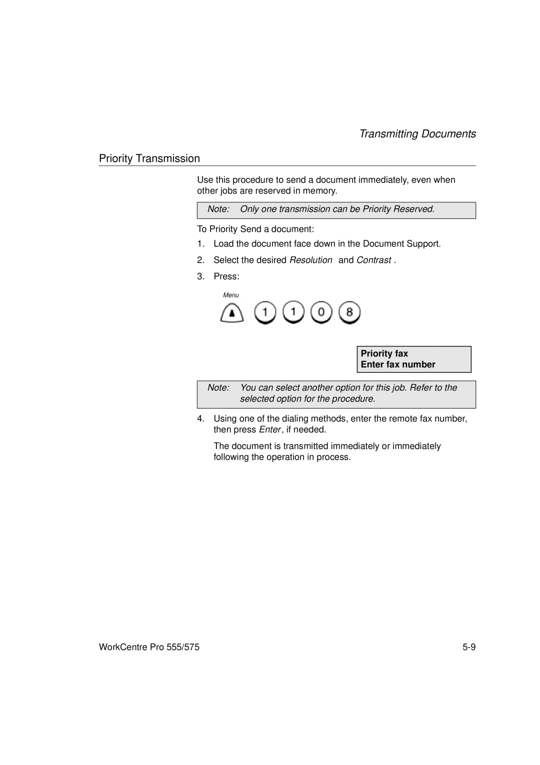 Xerox 575, 555 manual Priority Transmission, Priority fax Enter fax number 