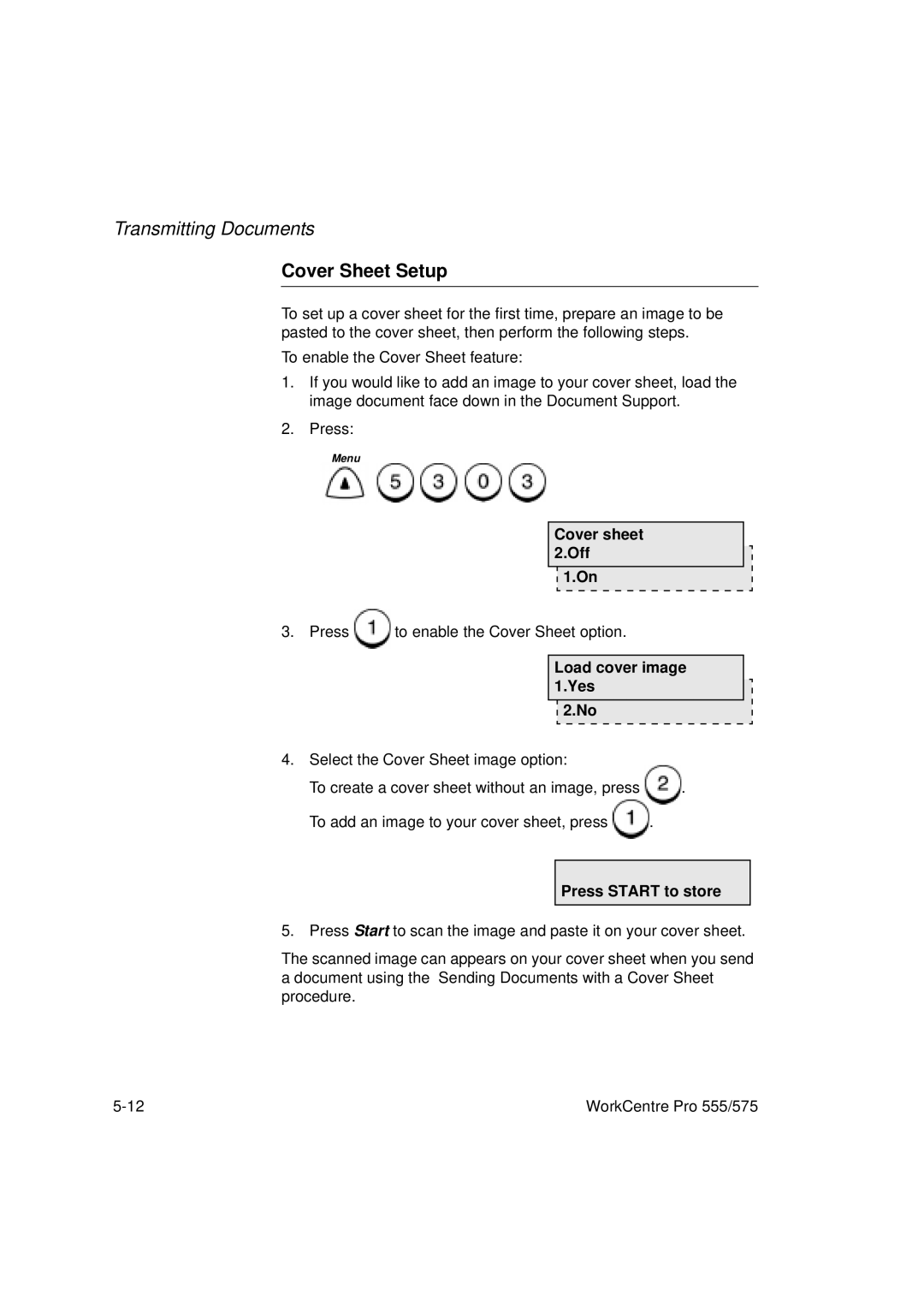Xerox 555, 575 manual Cover Sheet Setup, Cover sheet Off, Load cover image Yes, Press Start to store 